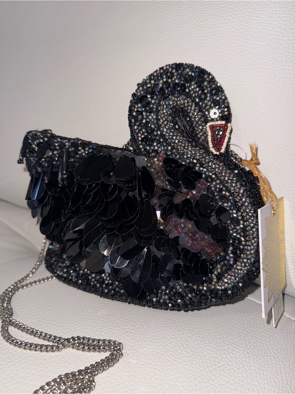 Black Beaded Swan Crossbody Bag with Chain Strap